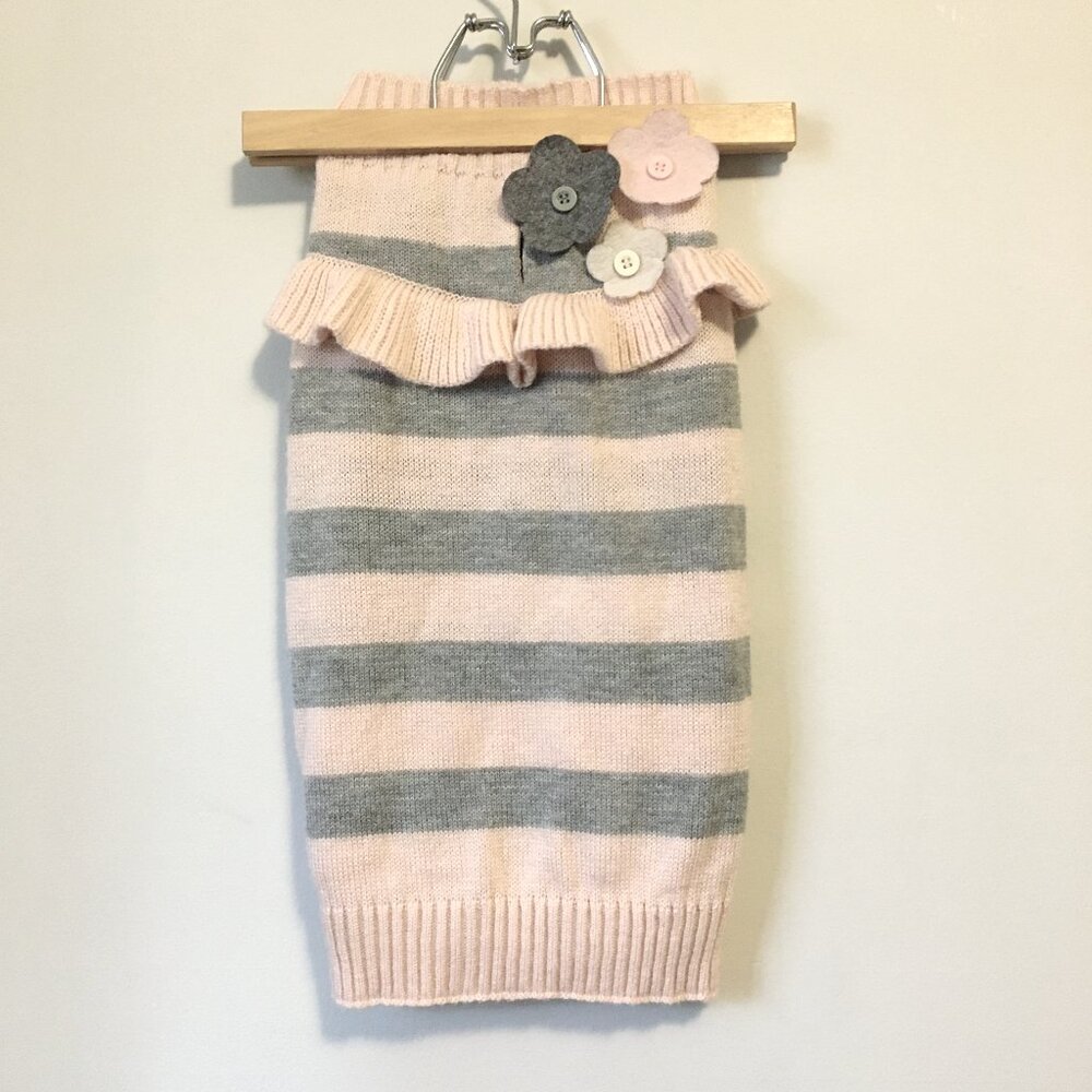 Doggy Free Spirit Pink Grey Striped Ruffle Flower Knit Dog Sweater